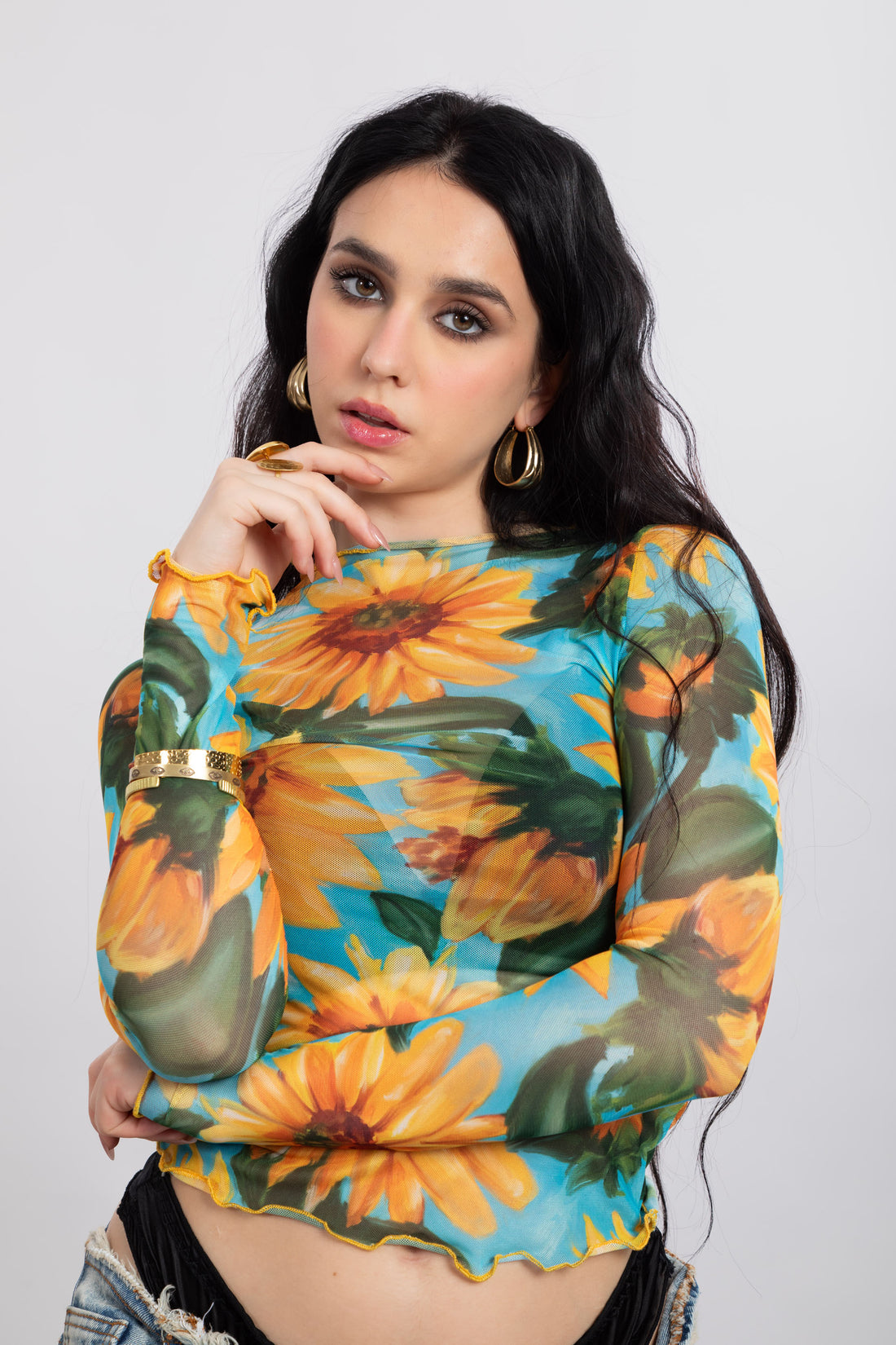 Sunflower Print Mesh Top