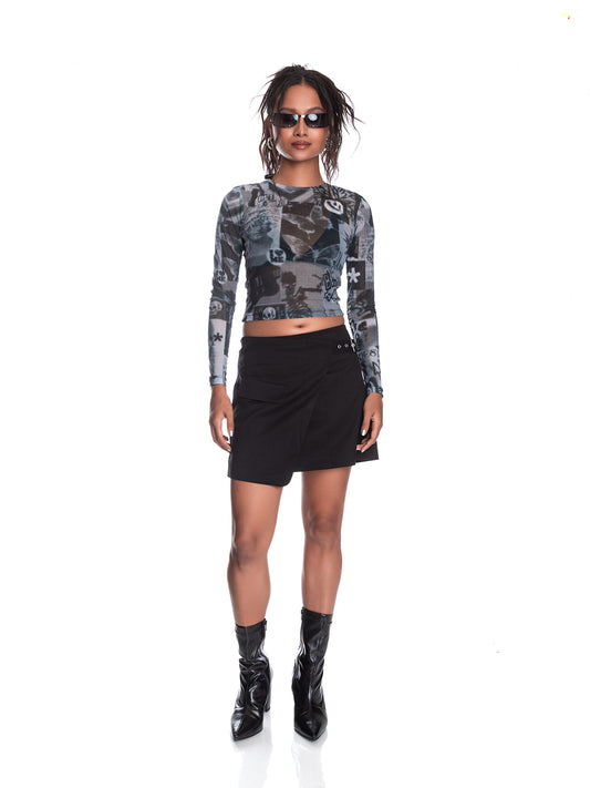 Y2K Graphic Print Mesh Top