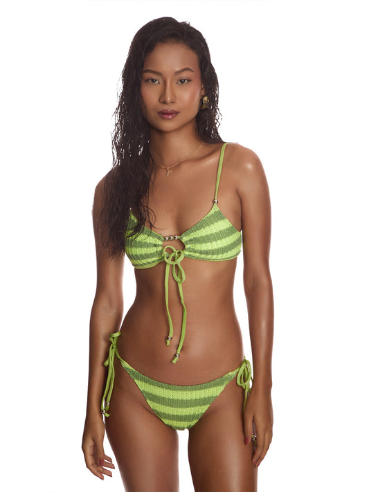 Green Striped Front Tie-Bikini Set