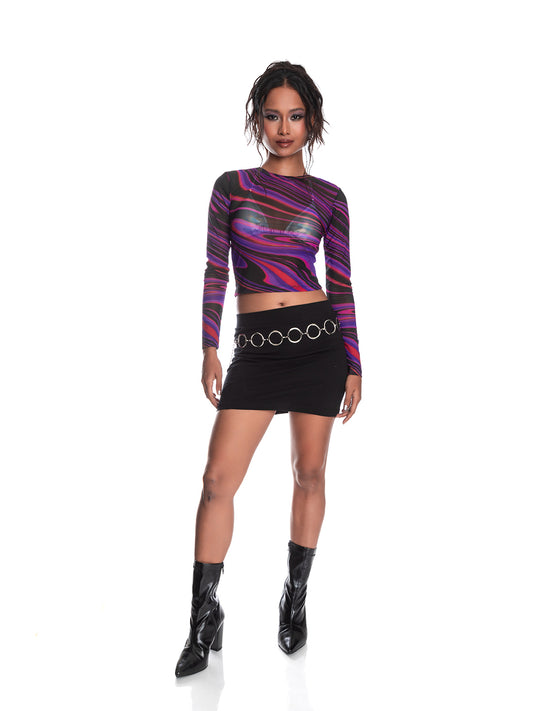 Purple Wavey Print Mesh Top